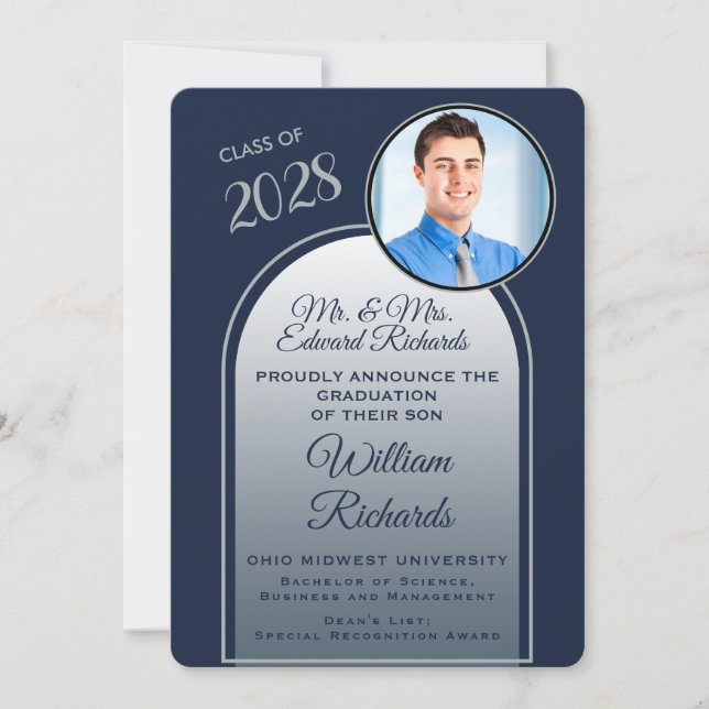 Foto von Eltern Navy Blau und Silber Einladung (Vorderseite)