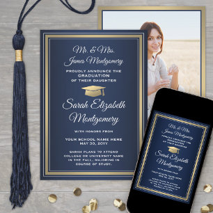 Foto von Eltern Navy Gold und Weiß Abschlussfeier Ankündigung