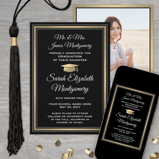 Foto von Eltern Schwarzes Gold und Weiß Abschluss Ankündigung (Von Creator hochgeladen)