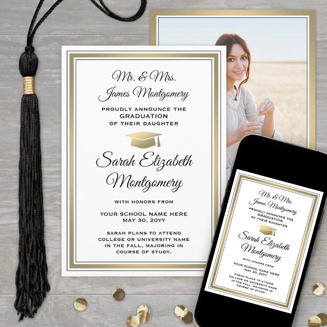 Foto von Eltern White Black & Gold Abschluss Ankündigung (Von Creator hochgeladen)