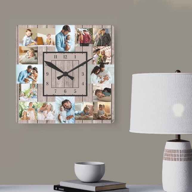 Foto von Klebemasse 16 Light Wood Numbered Quadratische Wanduhr (Light wood effect clock 16 of your photos and the numbers framed in a square)