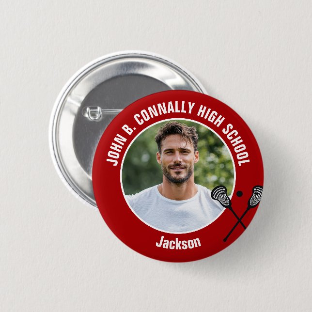 Foto von rotem Lacrosse-Spieler - High-School-Geis Button (Vorne & Hinten)
