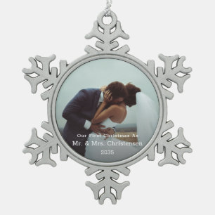 Foto-Vorlage Unser erstes Weihnachten Verheiratet  Schneeflocken Zinn-Ornament
