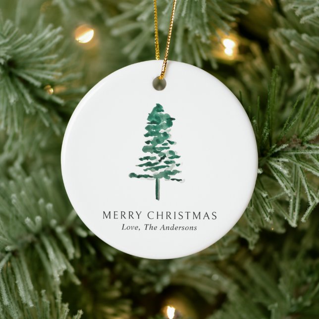 Foto Wasserfarbene Pine Tree Moderne Weihnachten Keramik Ornament (Baum)