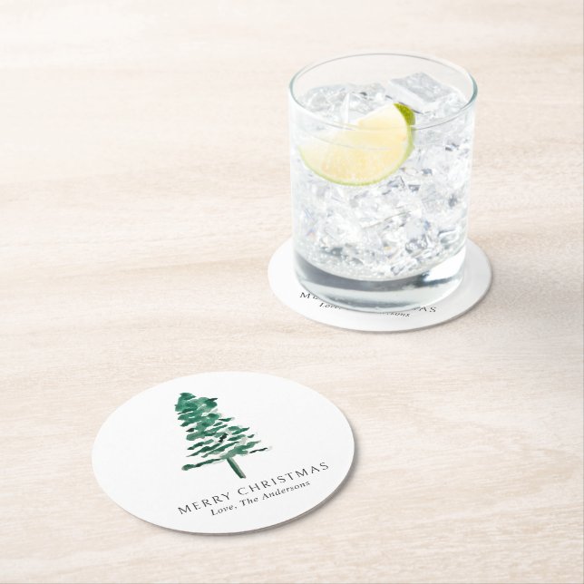 Foto Wasserfarbene Pine Tree Moderne Weihnachten Runder Pappuntersetzer (Vor Ort)