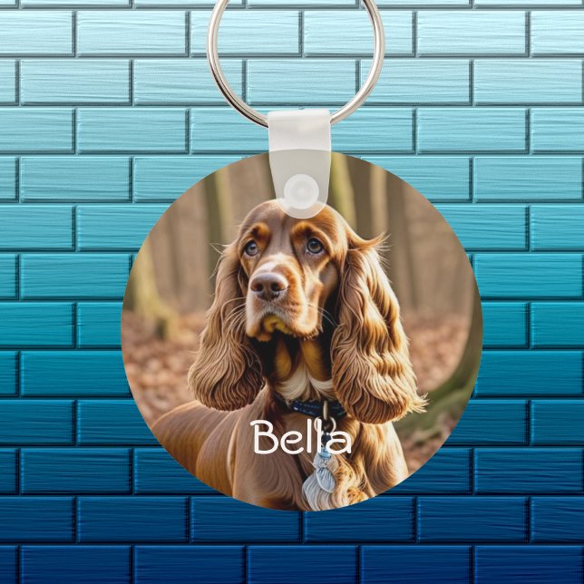 Foto & Watercolor Cocker Spaniel Personalize Schlüsselanhänger (Front of Design, add pets photo and name)