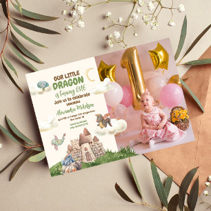 Foto Watercolor Dragon Baby 1. Geburtstag Einladung