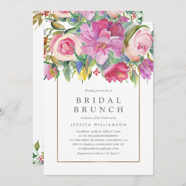 Foto Watercolor Floral Bridal Brunch Einladung (Vorne/Hinten)