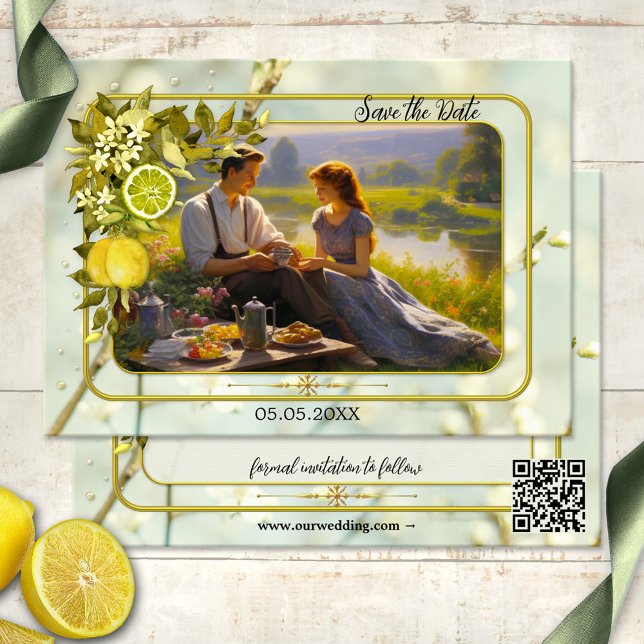 Foto Watercolor Lemon Orchard Save the Date Karte (Save the Date card featuring your photo framed by a watercolor citrus branch with leaves and flowers)