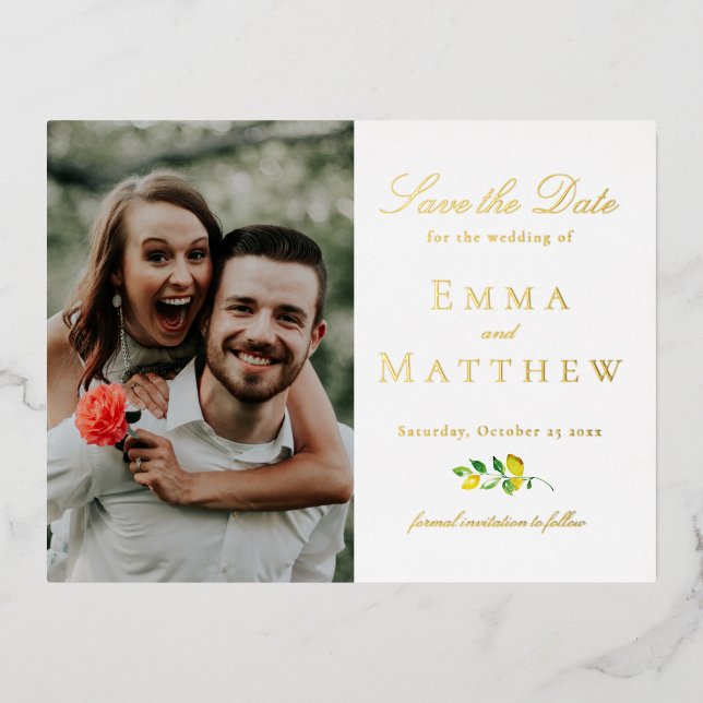 Foto Watercolor Lemon White Folie Einladungspostkarte (Vorderseite)