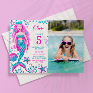 Foto Watercolor Meerjungfrau Girl Birthday Pool Pa Einladung