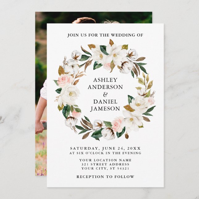 Foto Watercolor Pink Roses White Magnolias Einladung