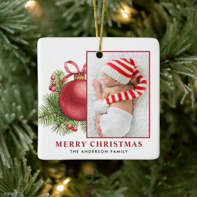 Foto Watercolor Red Ball Bauble Weihnachten Keramikornament (Baum)