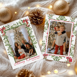 Foto Watercolor Red Bow Mistletoe Garland Feiertagskarte