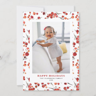 Foto Watercolor Red Winterberry Happy Holidays Feiertagskarte
