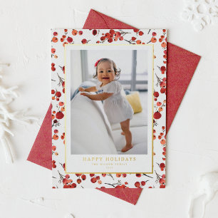Foto Watercolor Red Winterberry Happy Holidays Folien Feiertagskarte