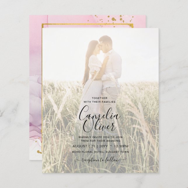 FOTO WEDD INVITE Pink Lila Lavendel Gold INK (Vorne/Hinten)