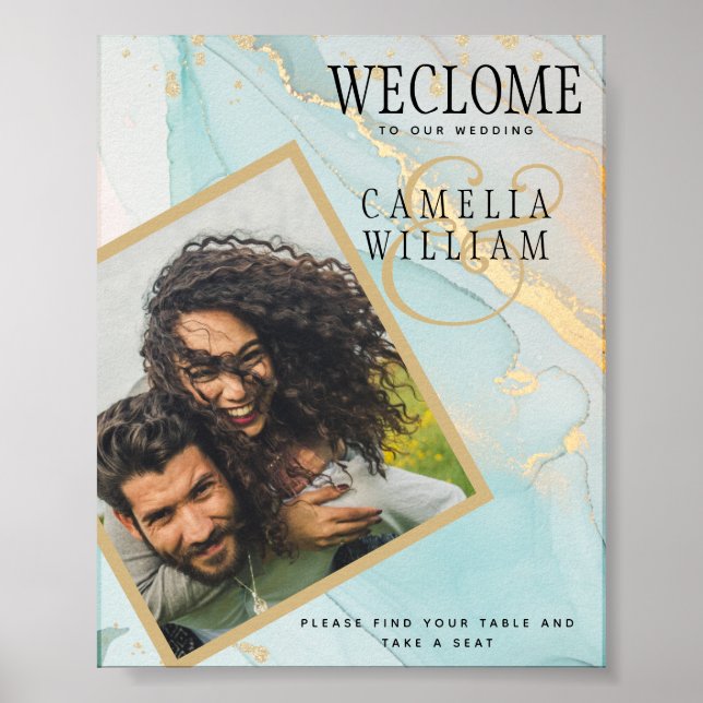 FOTO WEDD WELCOME SIGN Sea Glass Aquamarin Gold Ti Poster (Vorne)