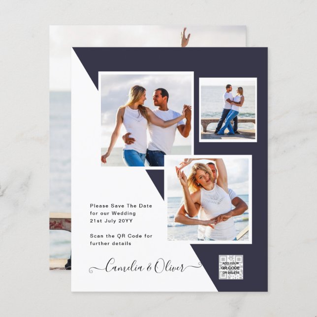 FOTO Wedding Einladung QR Code Retten Datum BLUE (Vorne/Hinten)