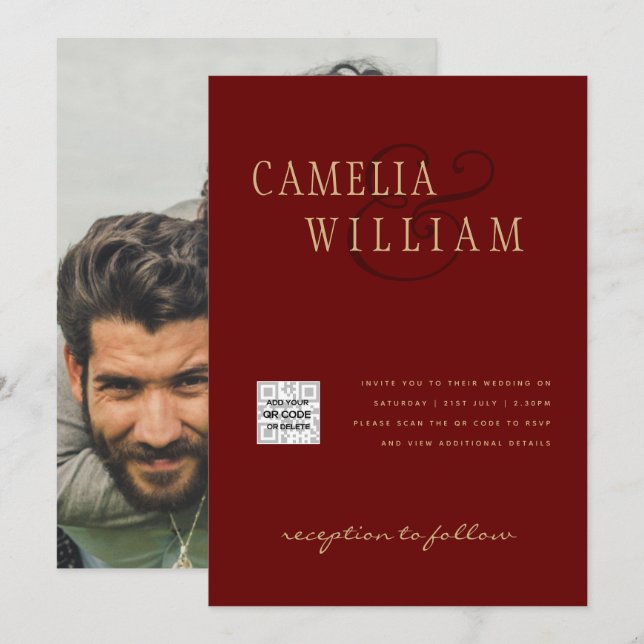 Foto Wedding Einladung QRCode UAWG Burgundy Red (Vorne/Hinten)