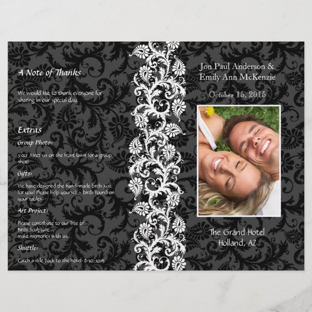 Foto Wedding Program Black Gray & Red Damask (Vorderseite)
