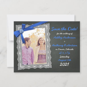 Foto Wedding Save the Date Chalkboard Blue Bow Einladung