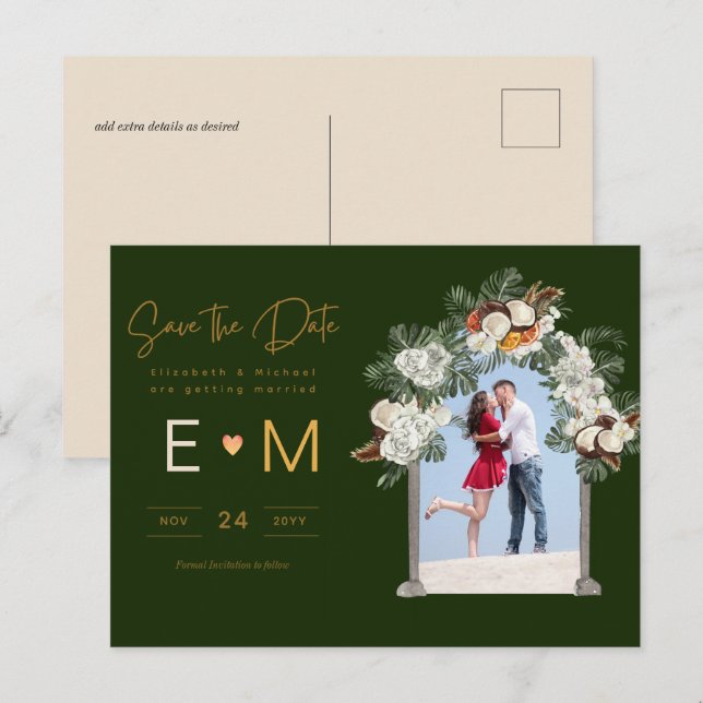 Foto Wedding Save the Date Emerald Green Floral Postkarte (Vorne/Hinten)