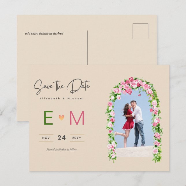 Foto Wedding Save the Date Pink Floral Postcard Postkarte (Vorne/Hinten)