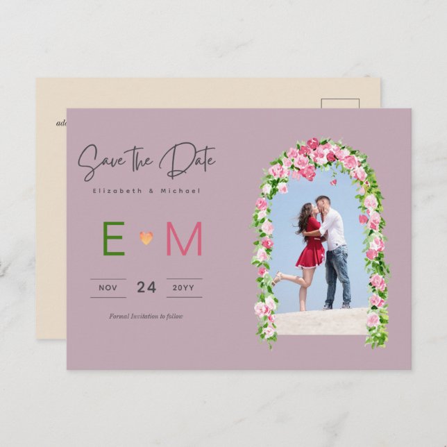 Foto Wedding Save the Date Pink Floral Postcard Postkarte (Vorne/Hinten)