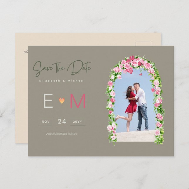 Foto Wedding Save the Date Pink Floral Postcard Postkarte (Vorne/Hinten)