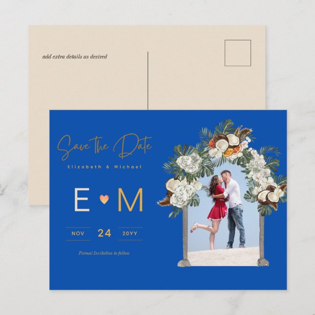 Foto Wedding Save the Date Royal Blue Floral Postkarte (Vorne/Hinten)