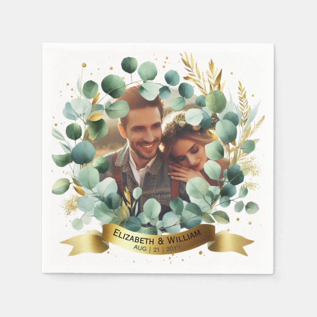 FOTO Wedding Vielen Dank Eucalyptus Blätter Gefall Serviette (Vorderseite)