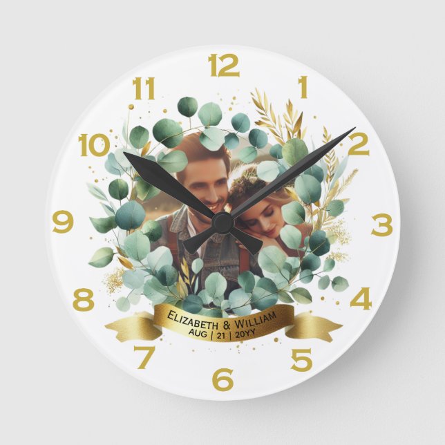 FOTO Wedding Vielen Dank Eucalyptus Blätter Gesche Runde Wanduhr (Vorderseite)