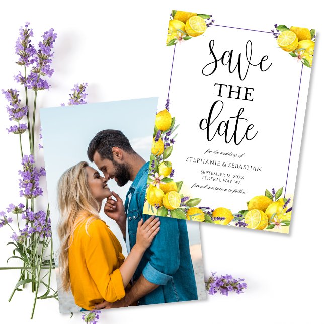 Foto Wedding Watercolor Lemon Lavender Save The Date (Watercolor Lemon Lavender Photo Wedding Save The Date)