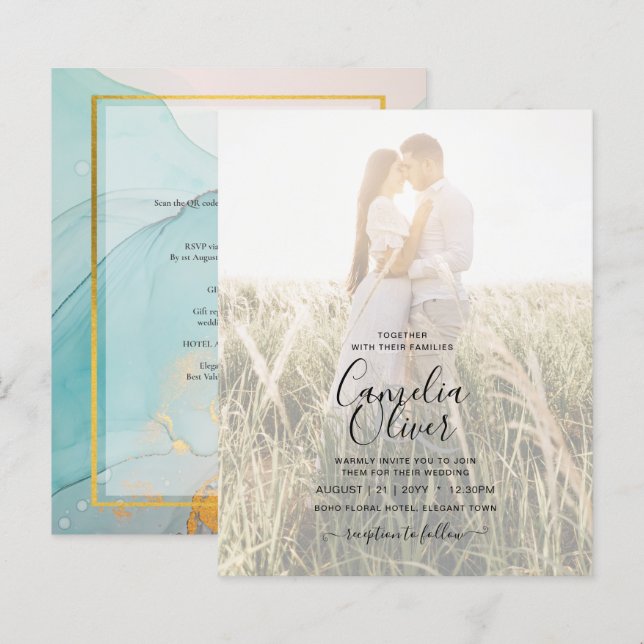 FOTO WEDING EINLADUNG Aquamarin Gold INK LeahG (Vorne/Hinten)