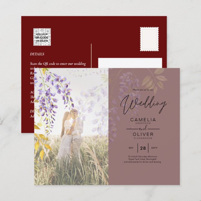 FOTO WEDING INVITATION Wisteria Floral BUDGET (Vorne/Hinten)
