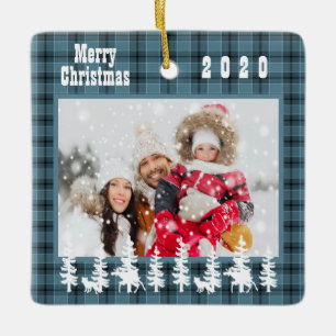 Foto Weihnachten Blau karierter Landstil Keramikornament