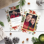 Foto Weihnachtsschrift Folien Feiertagskarte<br><div class="desc">Diese elegante Weihnachtsfotokarte besticht durch einen schönen Rahmen aus handgemalten Aquarellen,  Blume und Beeren mit einem echten Goldrahmen und einem eleganten Drehbuch. Auf der Rückseite befindet sich das gleiche Kunstwerk mit einem zweiten Foto und Text zur Personalisierung Ihrer Nachricht. Finden Sie passende Artikel in der Weihnachtsfeiertage Poinsettia Collection.</div>