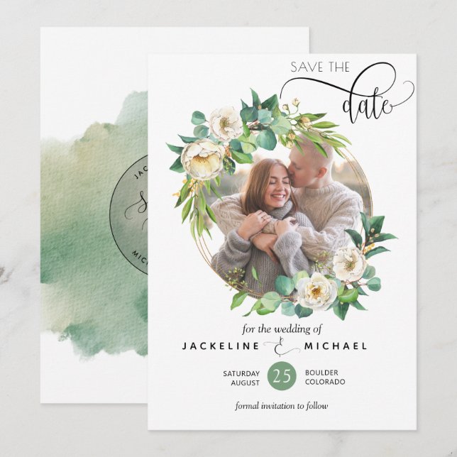 Foto, Weiß und Grün Hochzeit speichern Sie das Dat Save The Date (Vorne/Hinten)