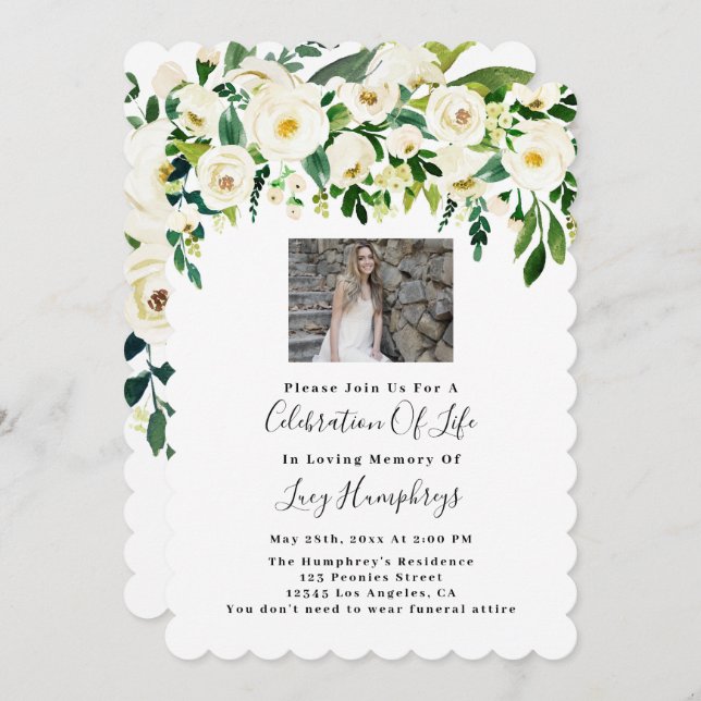 Foto Weiße Aquarellfarben Blume Feiern des Lebens Einladung (Vorne/Hinten)