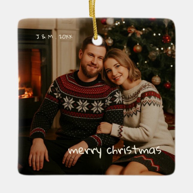 Foto Whimsical Red Doodle Weihnachten verheiratet Keramikornament (Vorderseite)