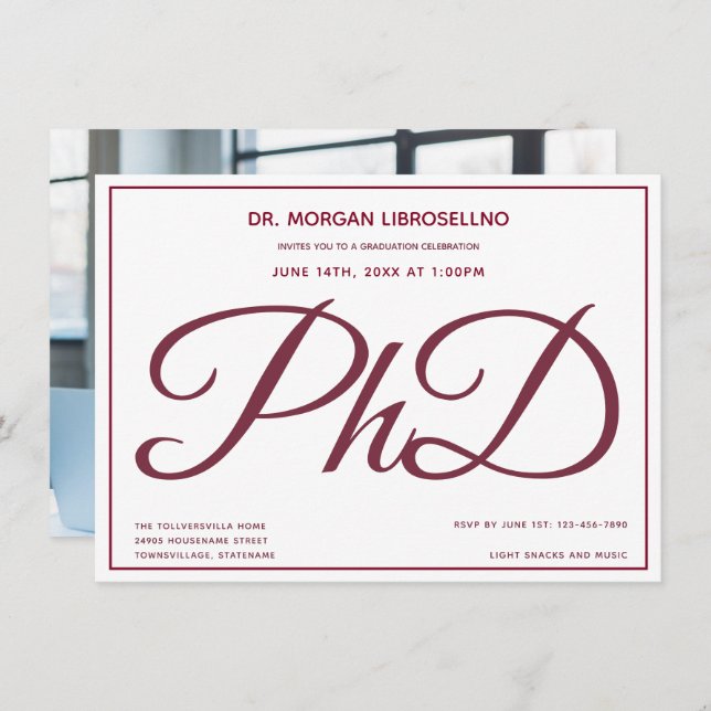 Foto White Burgundy PhD Graduation Party Einladung (Vorne/Hinten)