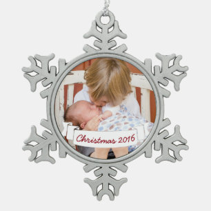 Foto White Ribbon Banner Red Script Schneeflocken Zinn-Ornament