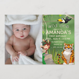 Foto Wild One Birthday Jungle Animals Party Einladung