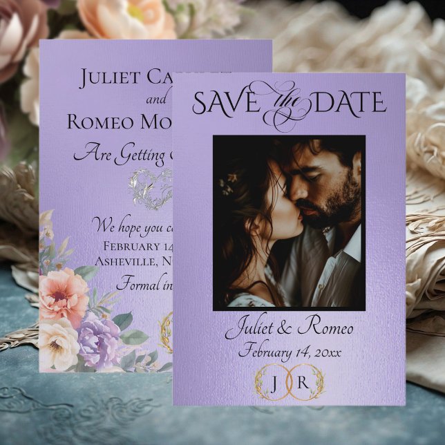 Foto, Wildblumen & Blatt-Monogramm - Blau Flieder Save The Date (Von Creator hochgeladen)