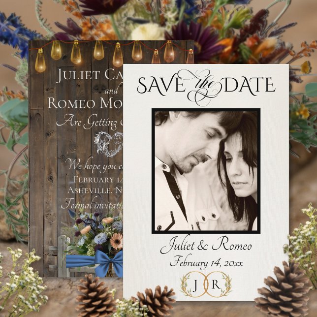 Foto, Wildblumen & Blatt-Monogramm - Blau Save The Date (Von Creator hochgeladen)
