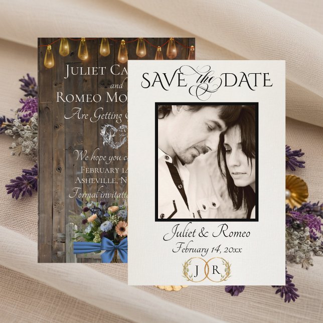 Foto, Wildblumen & Blatt-Monogramm - Blau Save The Date (Von Creator hochgeladen)