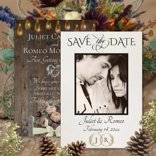Foto, Wildblumen & Blatt-Monogramm - Creme Save The Date