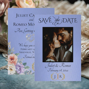 Foto, Wildblumen & Blatt-Monogramm - Himmelblau Save The Date