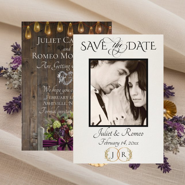 Foto, Wildblumen & Blatt-Monogramm - Pflaume Save The Date (Von Creator hochgeladen)